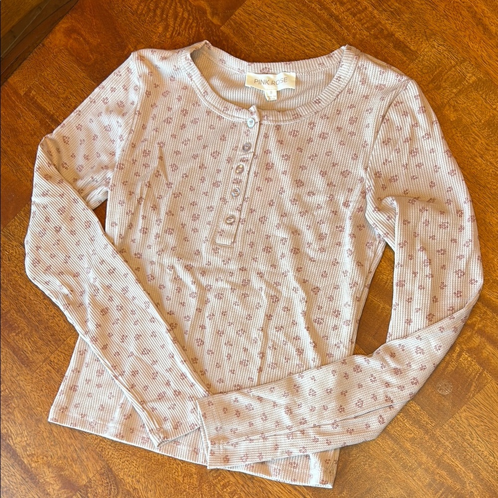 Pink Rose Long Sleeve Pink Tee with Ribbed Texture